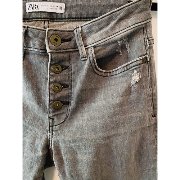 Zara Gray Destroyed Denim Jeans Zip Fly High Waist Size 2 - Picture 3 of 5